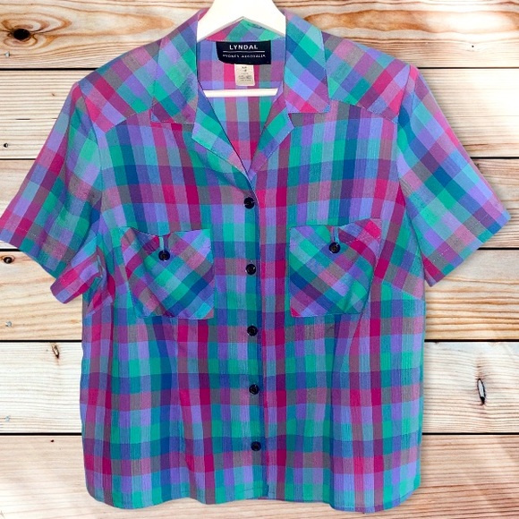 lyndal Tops - vintage 80s/90s Women’s Lyndal Aus Made bright check short sleeve blouse size 16